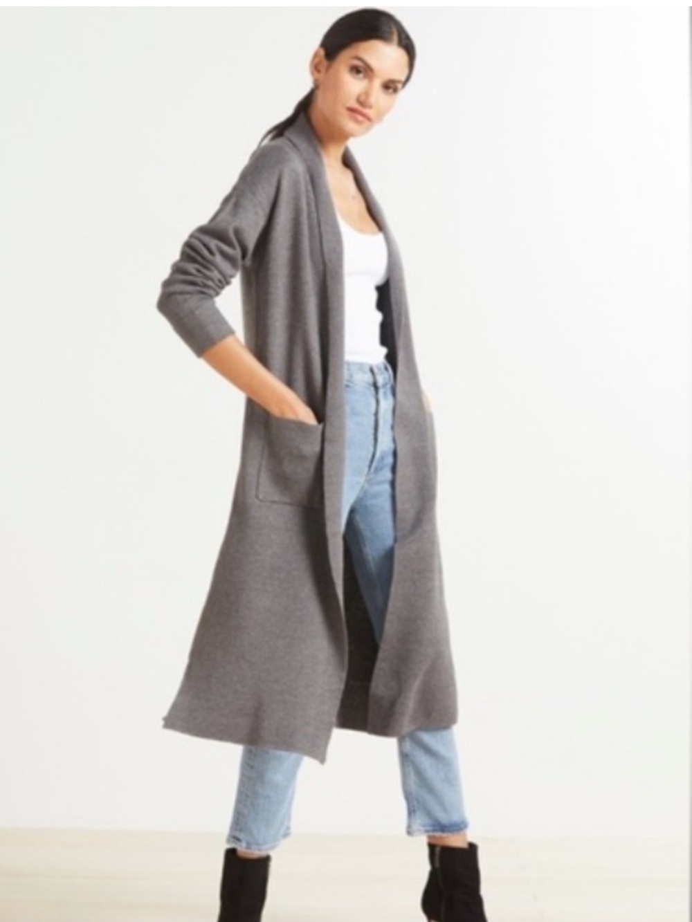 Line And Dot Charcoal Grey Long Line Open Front Duster Cardigan Size Small